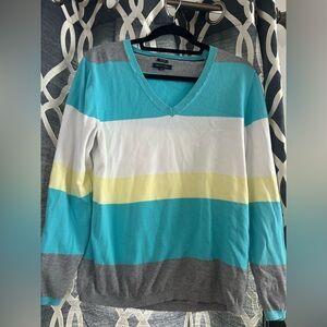 Tommy Hilfiger Turquoise, White, Yellow & Gray Striped V‑Neck Sweater